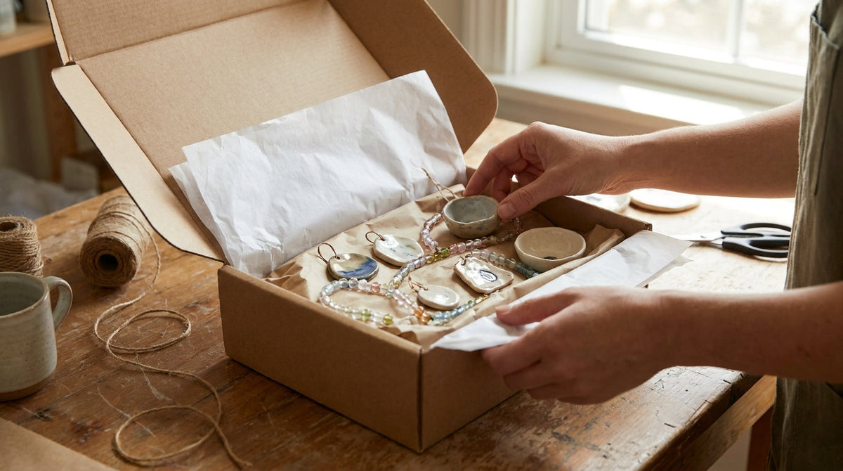 Fragile handmade ceramic and bead craft items padded inside a small shipping box, representing a returns model built for fragile, small-batch orders.