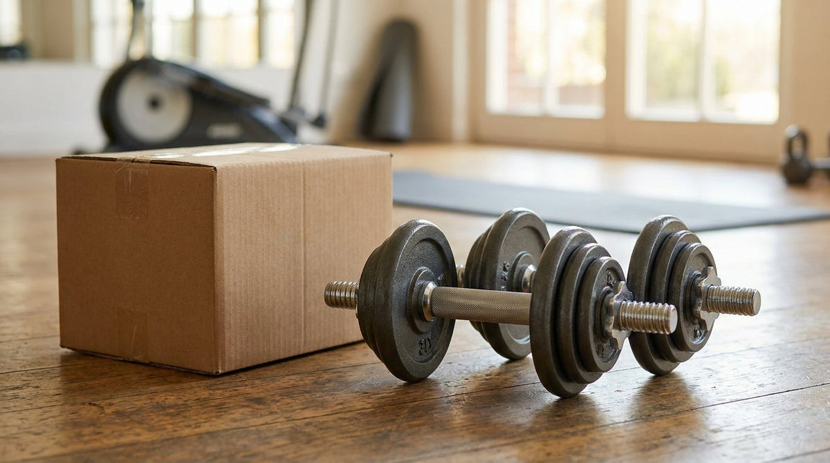 A premium adjustable dumbbell set beside a sturdy shipping box, representing why high-ticket fitness brands need a shipping guarantee.