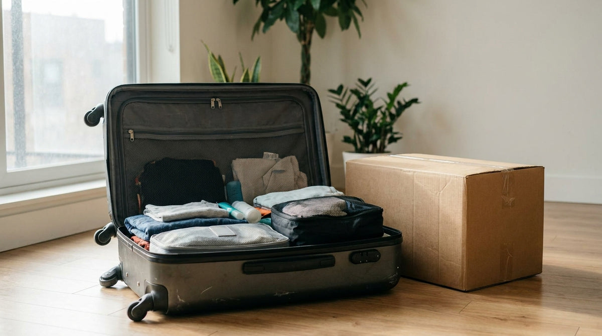 A suitcase being packed for shipment beside a cardboard box, representing why luggage and travel gear brands can't treat fulfillment speed as optional.
