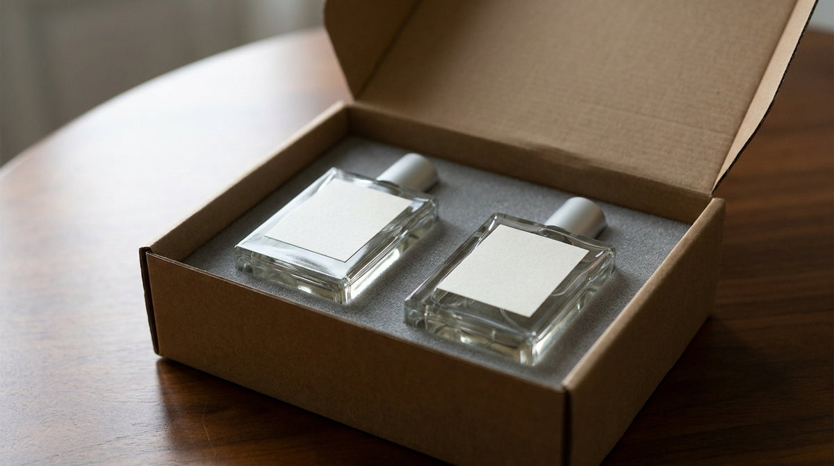 Perfume bottles nestled in protective padding inside a shipping box, representing shipping restrictions perfume and fragrance brands must plan for.