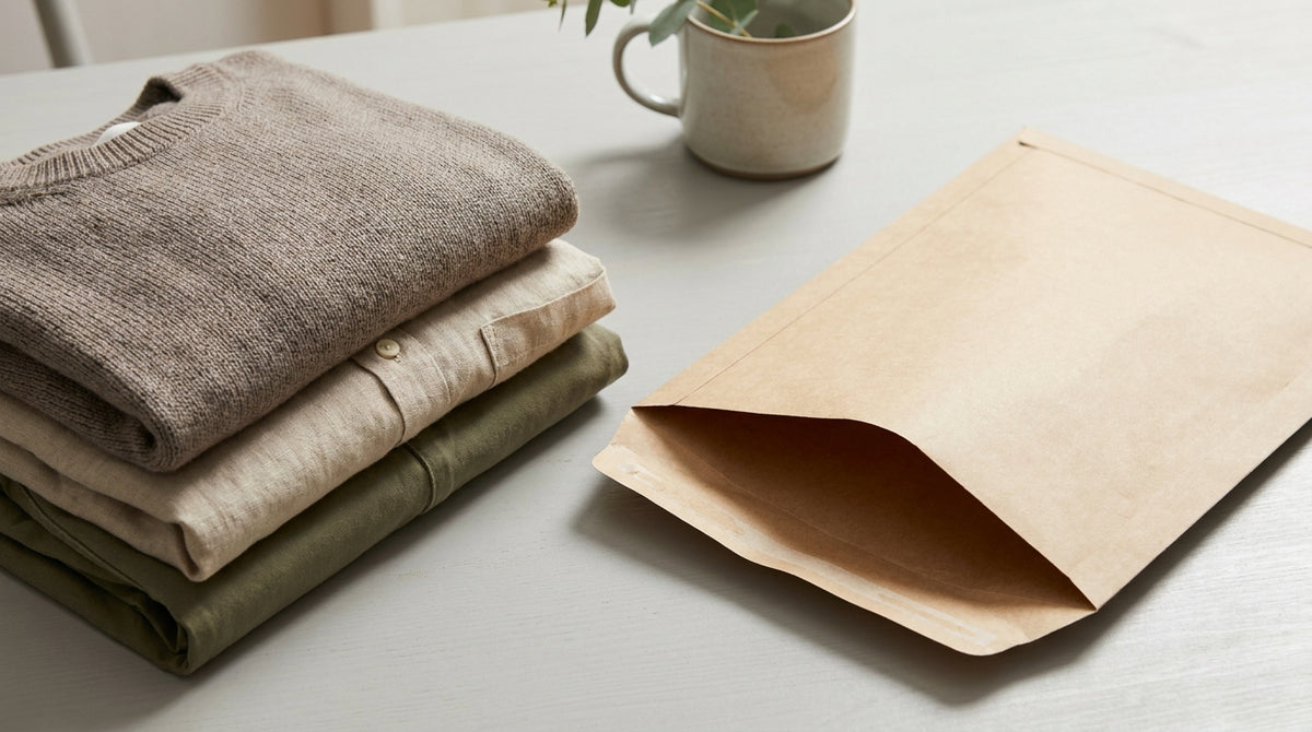 Folded fashion apparel beside an open return mailer, representing how fashion brands can cut return costs without cutting return policies.