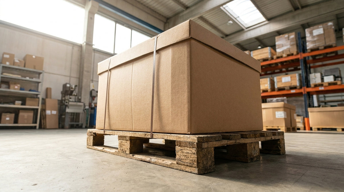 A boxed kitchen appliance on a freight pallet in a warehouse, representing freight shipping risk kitchen and home appliance brands overpay for.