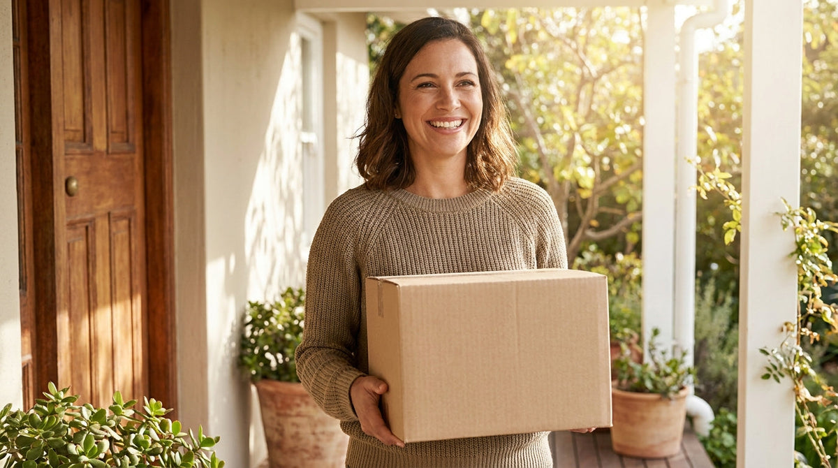 A happy customer receiving a parcel at their front door, representing turning one-time buyers into repeat customers.