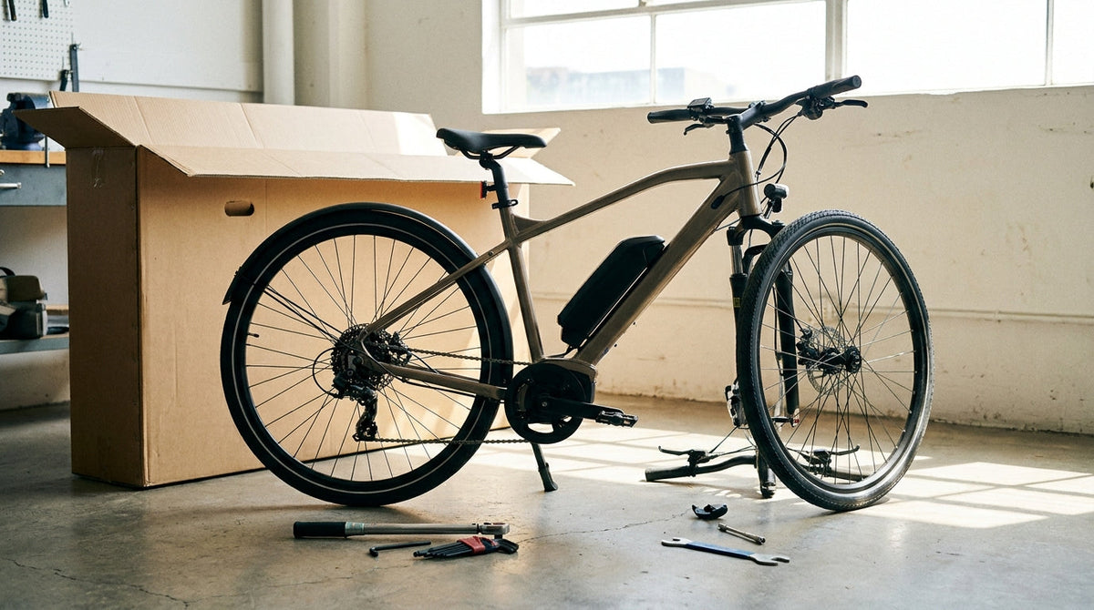 A partially assembled e-bike beside a large shipping box and tools, representing a shipping guarantee built for assembly damage, not just loss.
