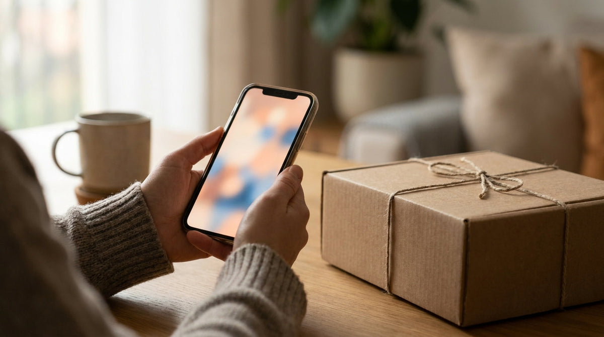 A customer editing an order on a smartphone beside a parcel, representing AI-powered order editing that stops WISMO tickets.