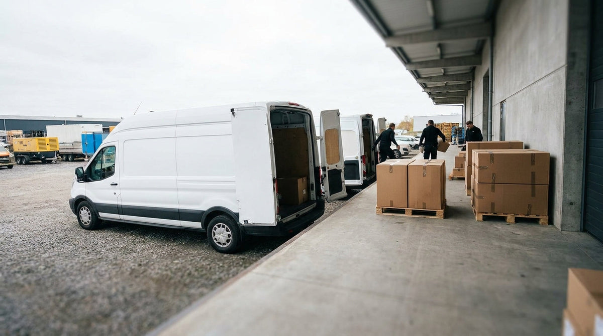Two delivery vans at a loading dock with parcels, representing why a 48-hour fulfillment SLA needs a backup carrier plan.