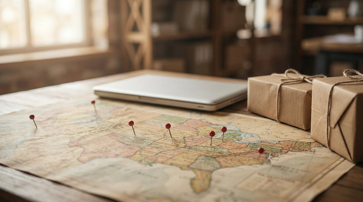 A map with several warehouse location pins beside a laptop and parcels, representing why multi-3PL brands need one resolution portal, not support per location.