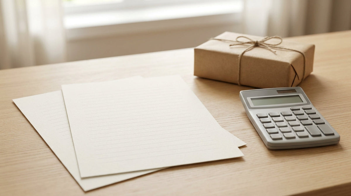Blank rate sheets, a calculator and a parcel on a desk, representing the gap between a shipping rate card and the carrier's public rate card.