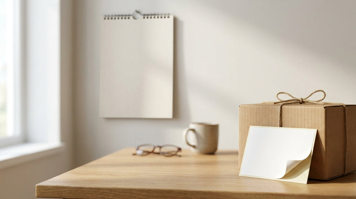 A wall calendar beside a shipping label and a parcel, representing the 30 days between signing up for group shipping rates and the first discounted label.