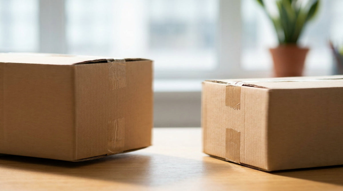 Two parcels moving in opposite directions on a desk, representing why exchanges should ship before the return ever arrives.