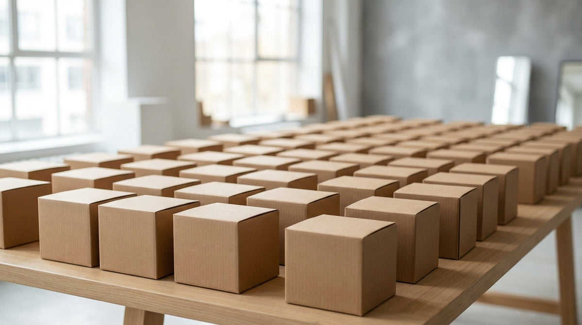 Many small parcels arranged in a grid on a table, representing GPO eligibility based on shipment count rather than volume commitment.