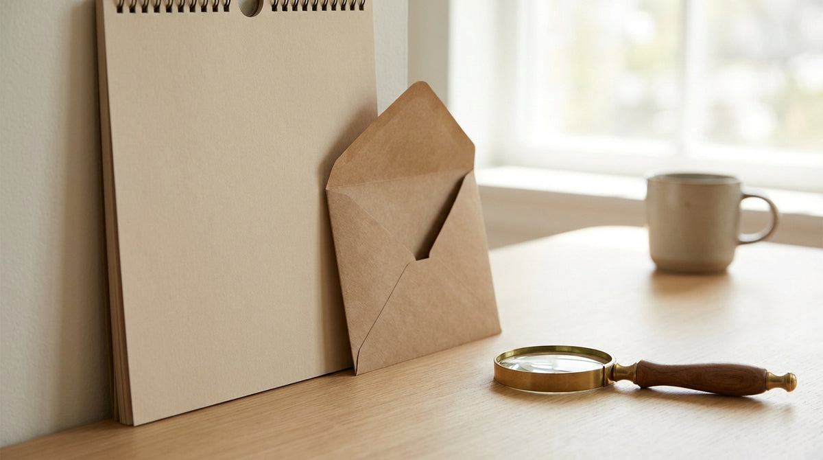 A calendar beside a return mailer and a magnifying glass, representing how return window length changes fraud math.