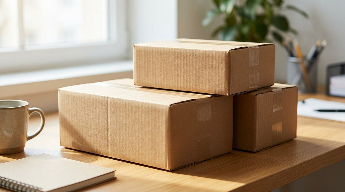 One order split into three separate parcels on a desk, representing what split shipments do to resolution rates.