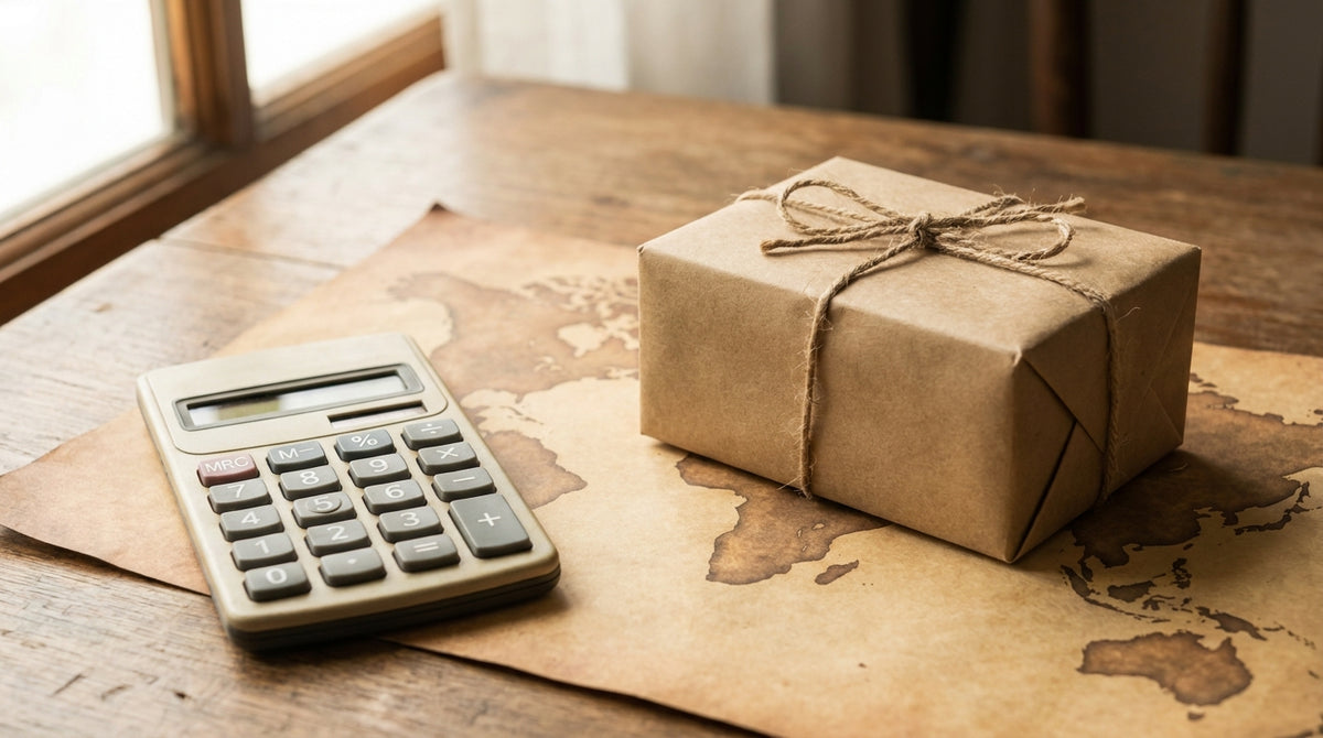 An international parcel on a world map with a calculator, representing how de minimis changes rewrite landed-cost math for GPO contracts.