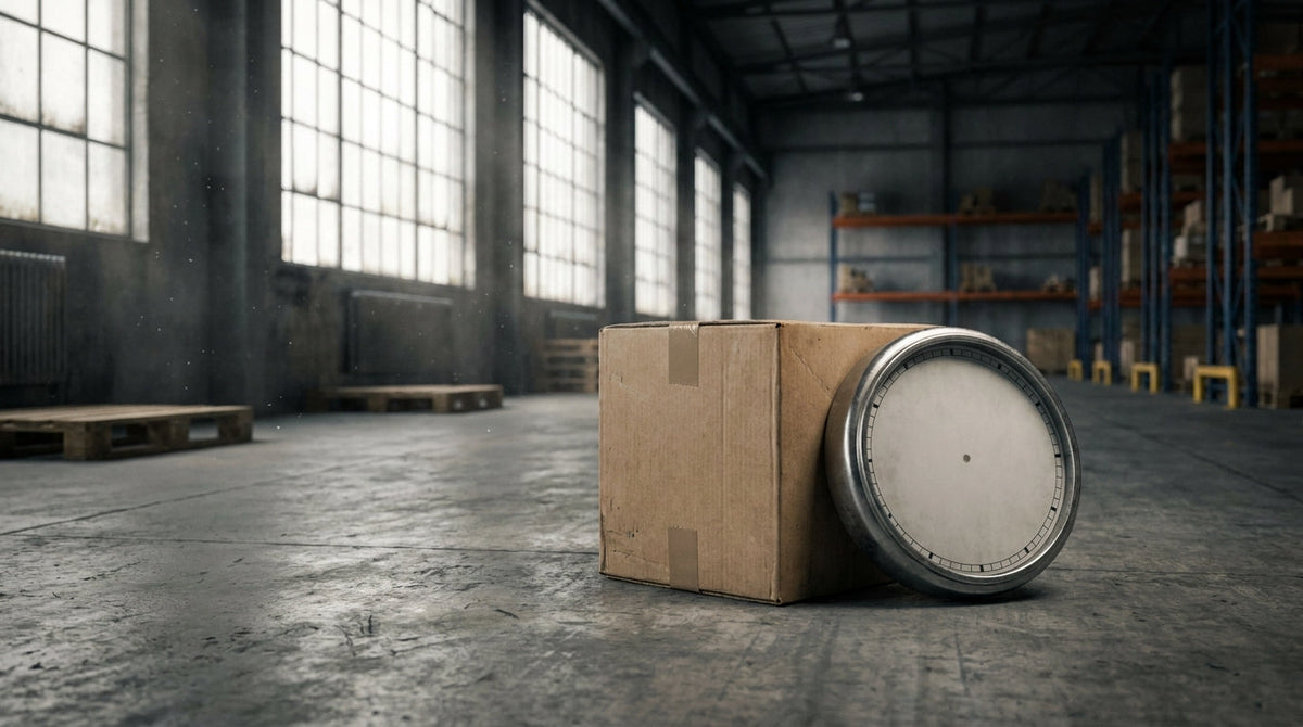 A lone parcel on a warehouse floor beside a wall clock, representing who owns the resolution when a dropshipper's supplier ships late.