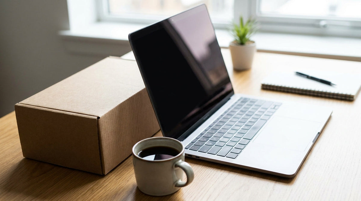 A laptop checkout scene beside a parcel on a desk, representing what happens after a customer declines the shipping guarantee at checkout.