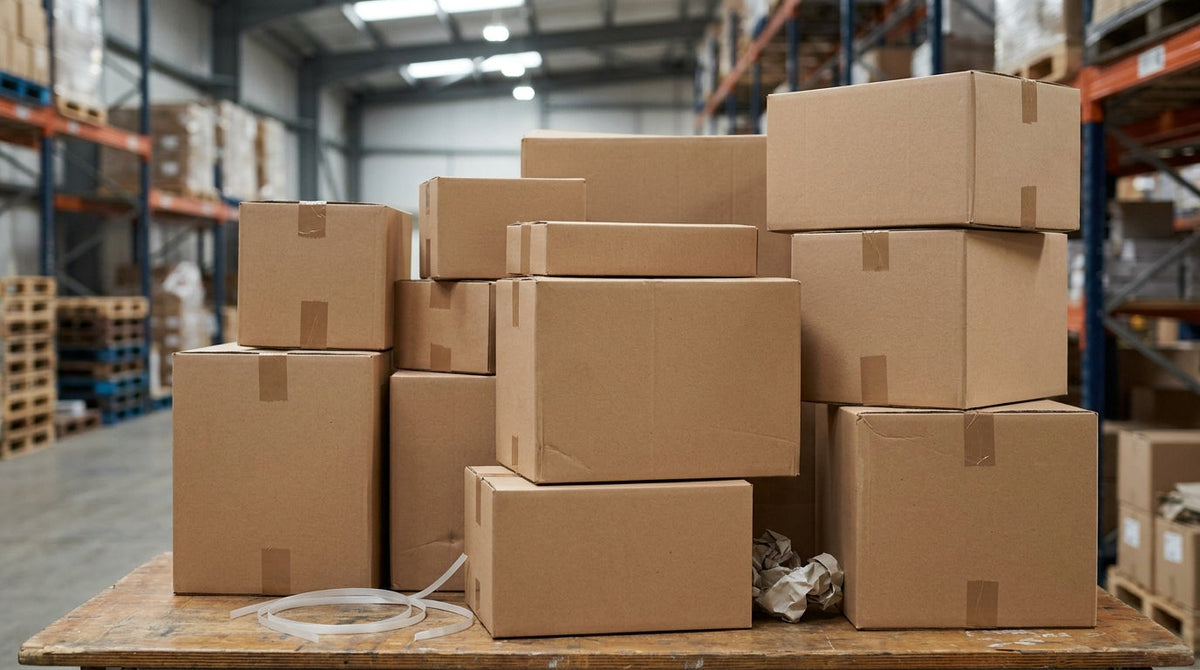 Boxed products staged for return on a warehouse table, representing building a separate resolution workflow for a product recall.