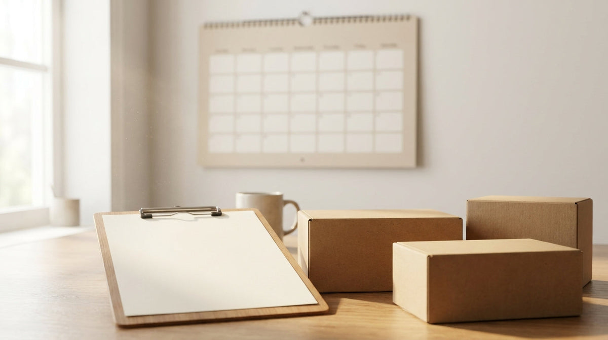 A calendar, a clipboard and shipping boxes on a desk, representing a 30-day shipping guarantee migration checklist.