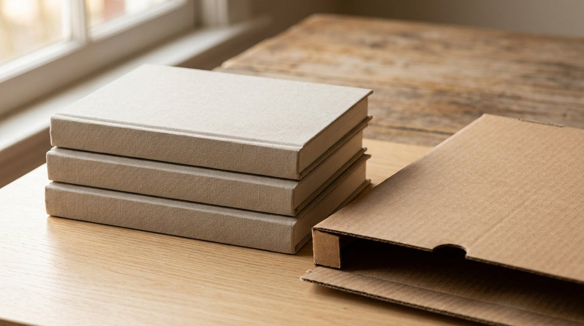 A stack of books beside a flat shipping mailer, representing media mail rate class options for book sellers.