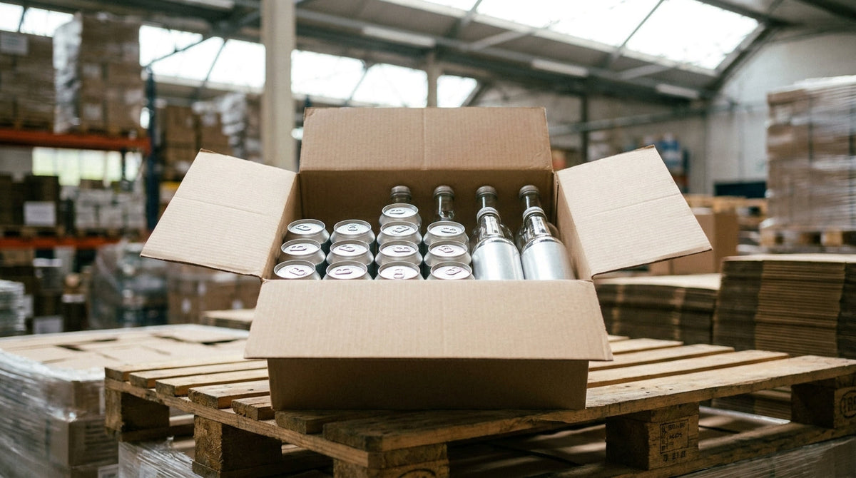 A case pack of consumer packaged goods on a pallet, representing why CPG brands can't use consumer carrier rates.
