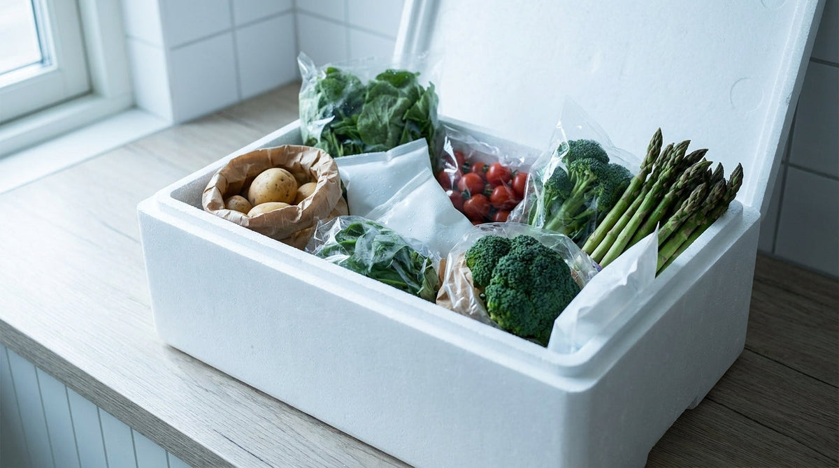 Fresh groceries in an insulated shipping box with ice packs, representing why a spoiled grocery order isn't a lost package.