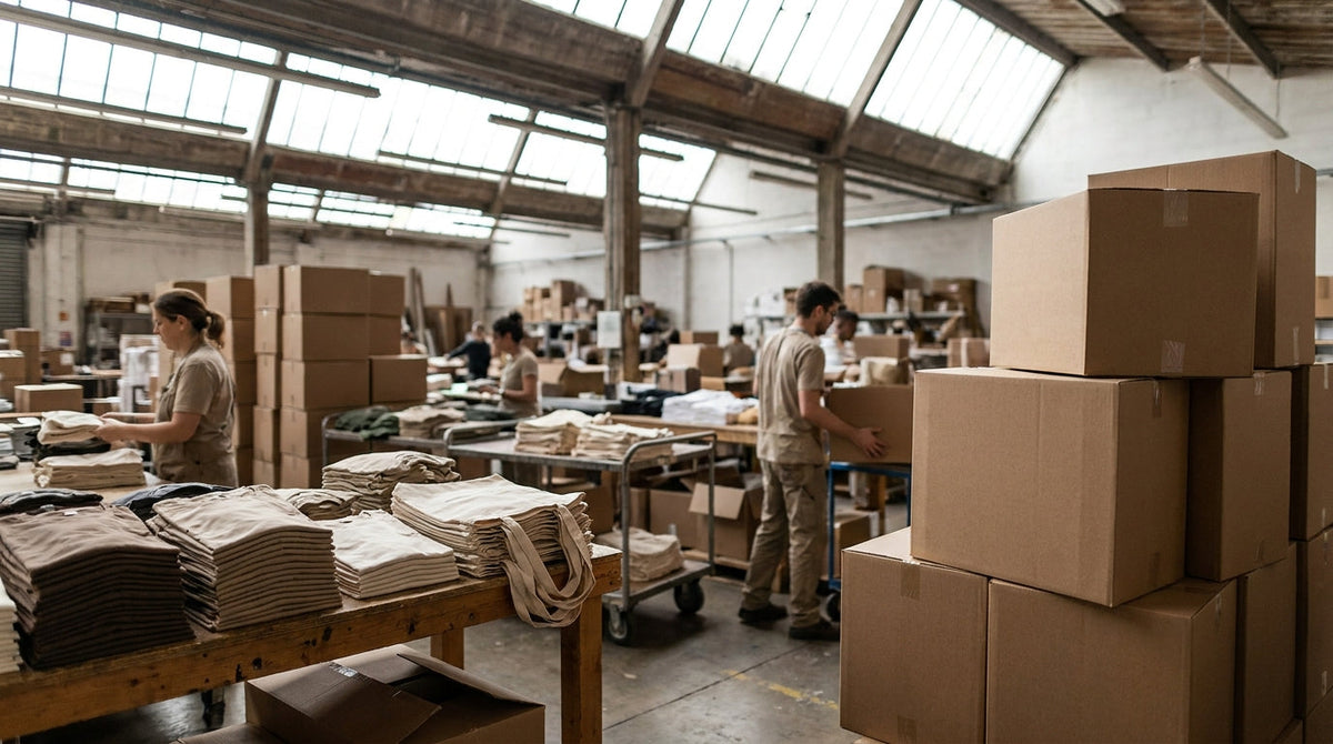A merch packing station stacked with folded apparel and shipping boxes, representing surviving a six-week festival shipping surge.