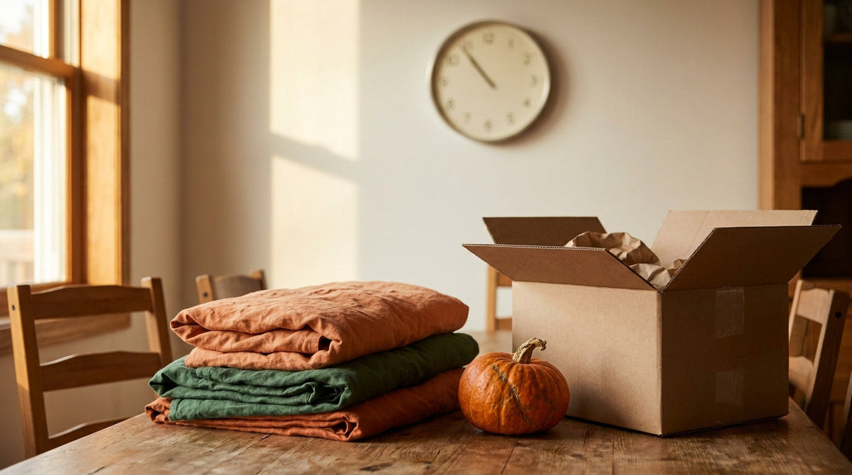 A Halloween costume beside a shipping box and a clock, representing why a late Halloween costume is a lost sale.