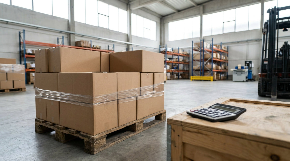 A pallet of packaged goods beside a calculator, representing how GPO math changes at volume for grocery and CPG brands.