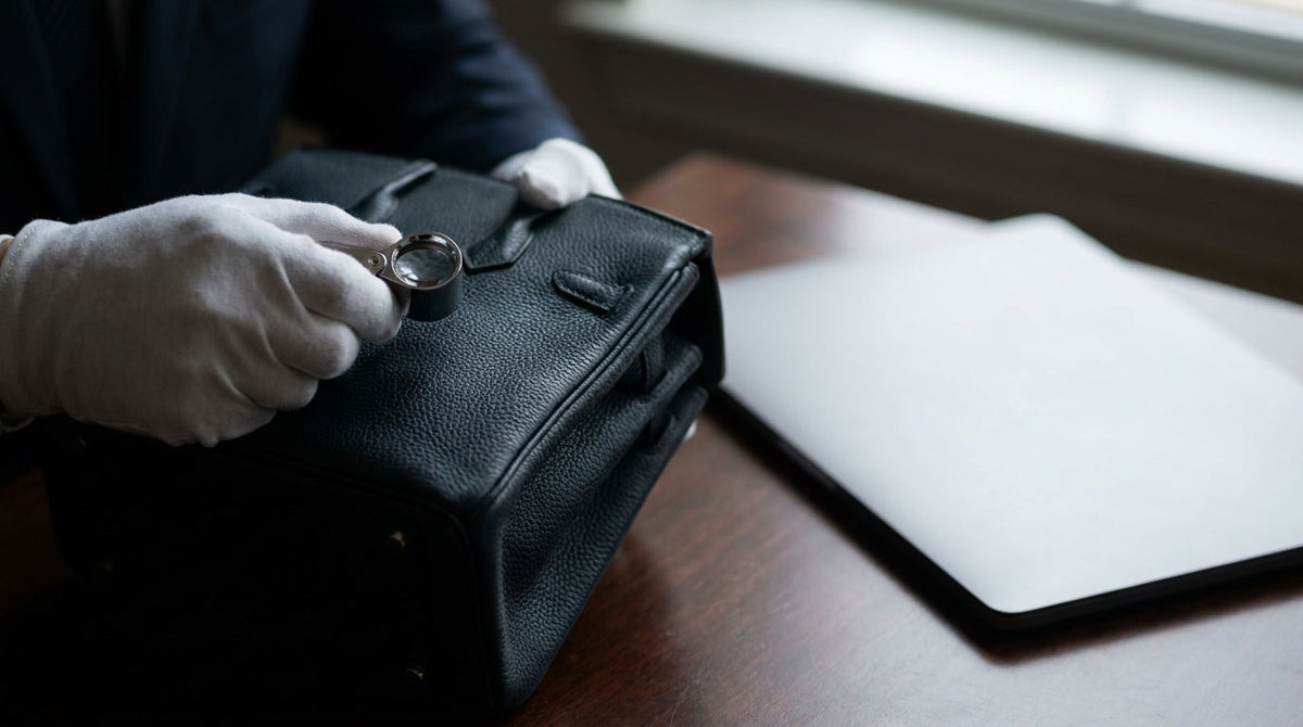 A luxury item being examined with a jeweler's loupe beside a laptop, representing settling authenticity disputes before they become chargebacks.