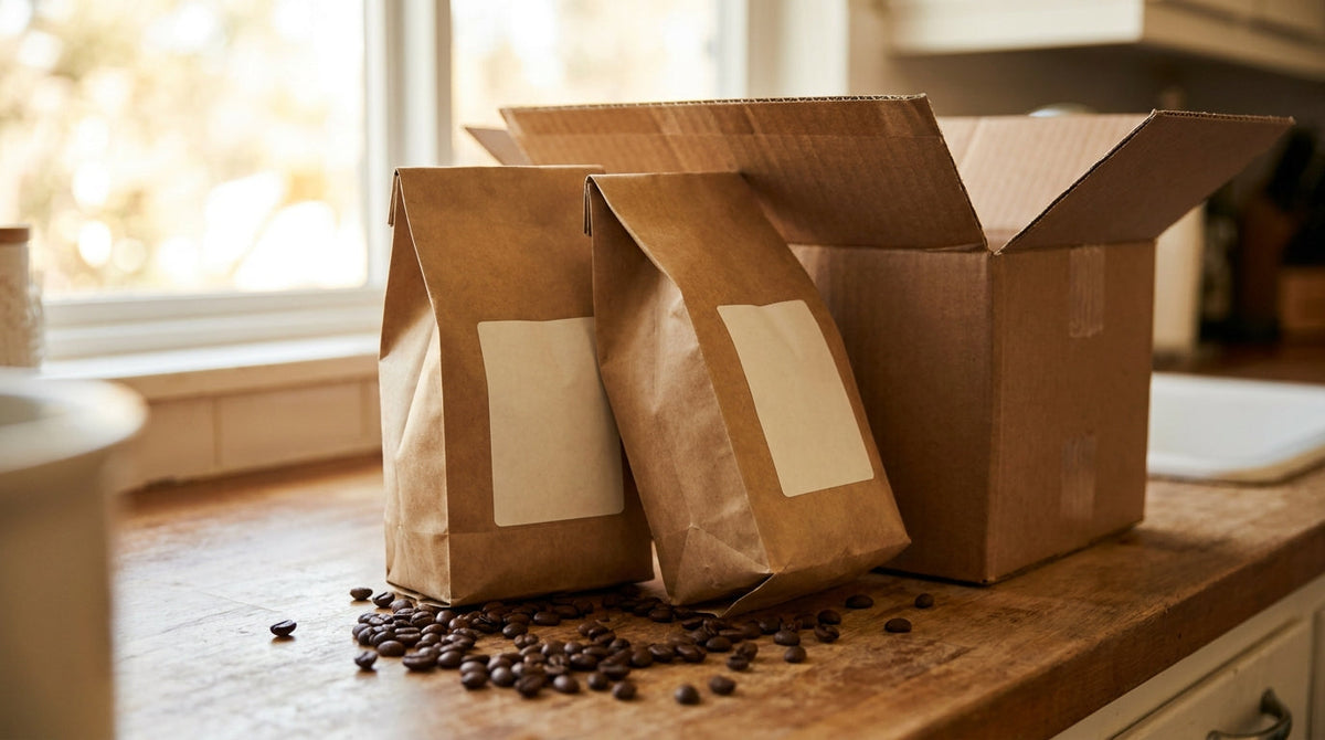 Kraft coffee bags beside a shipping box on a counter, representing why coffee and tea subscription brands depend on a roast-date window.