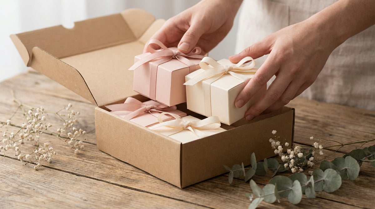 Ribbon-tied wedding favor boxes being packed into a carton, representing seasonal shipping rates for wedding-favor brands.
