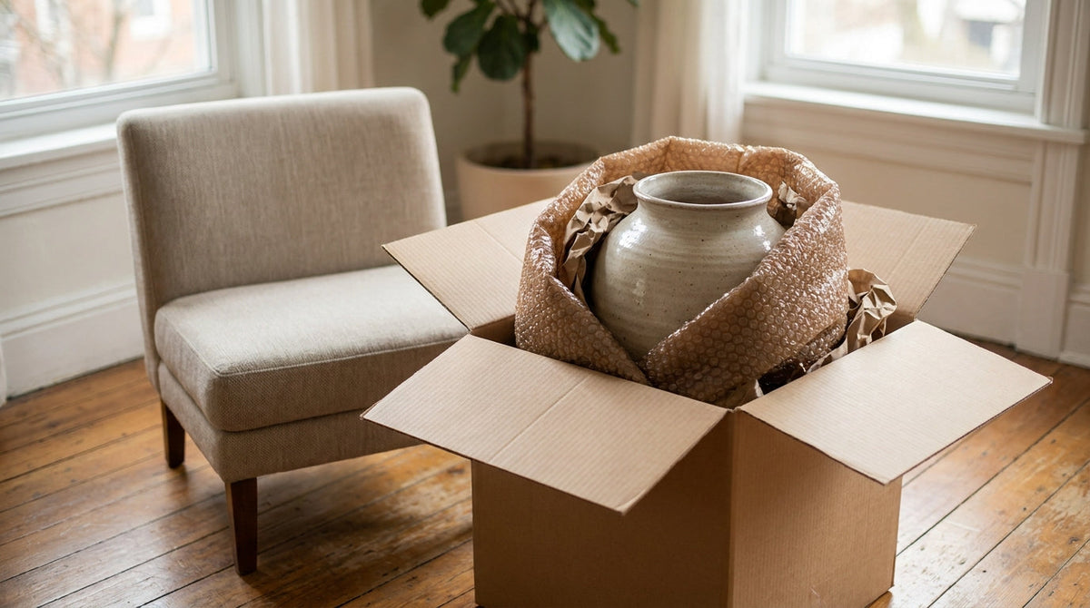 A ceramic vase padded in a shipping box beside a small sofa, representing why a cracked vase isn't the same claim as a damaged sofa.