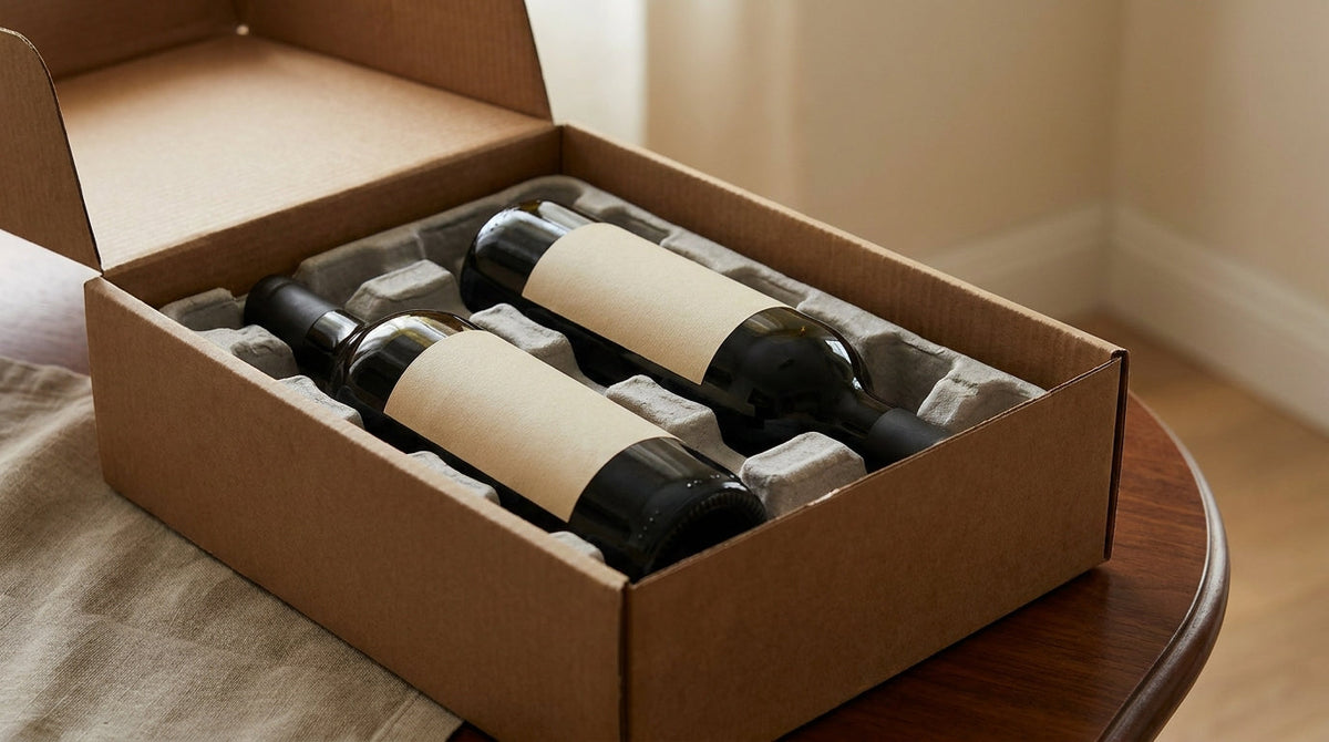 Wine bottles nestled in protective padding inside a shipping box, representing a shipping guarantee built for broken glass, not lost packages.
