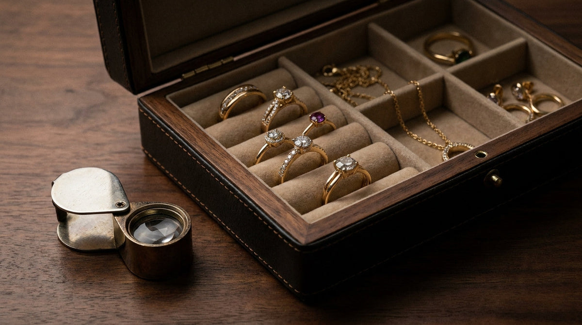 Fine jewelry in an open box beside a jeweler's loupe, representing how friendly fraud looks different in jewelry than anywhere else.