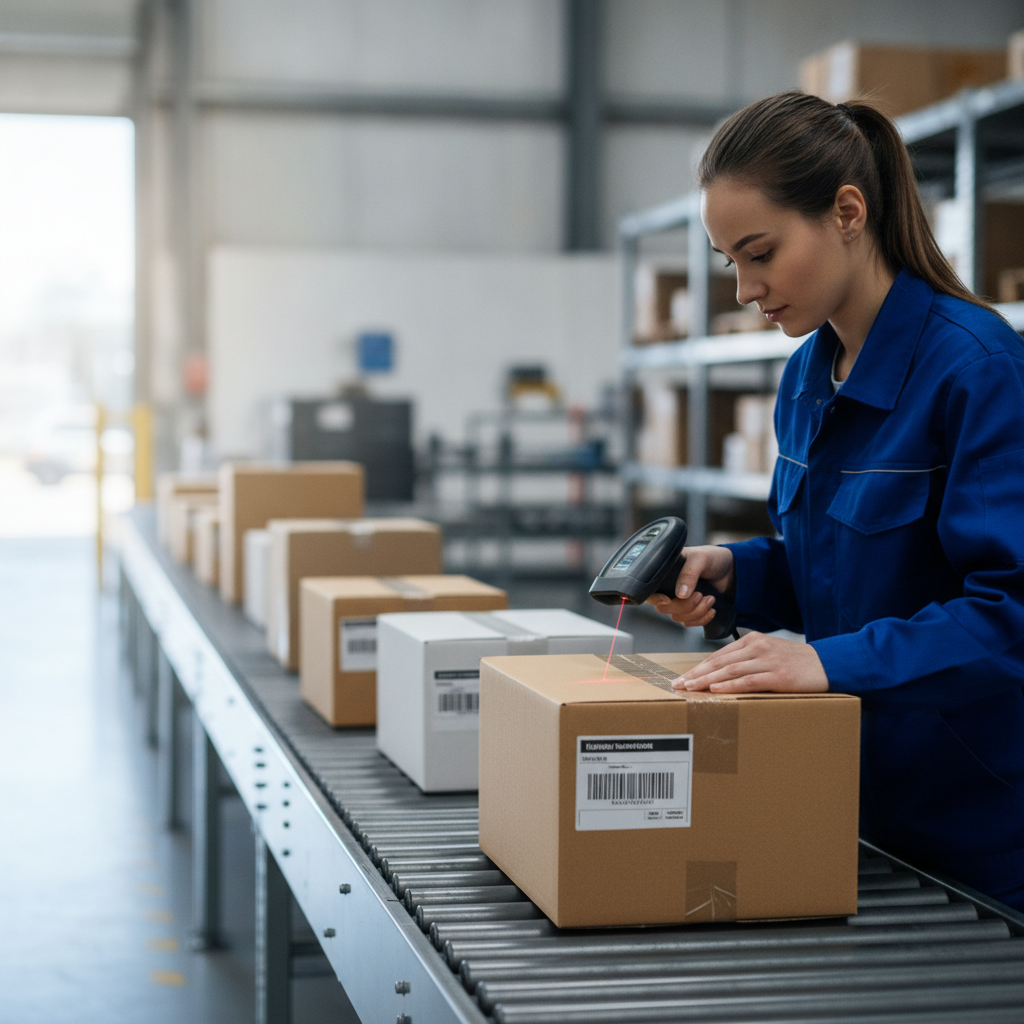 Worker scanning a shipping label on a package near a conveyor belt, representing reduced order cancellations for Shopify merchants
