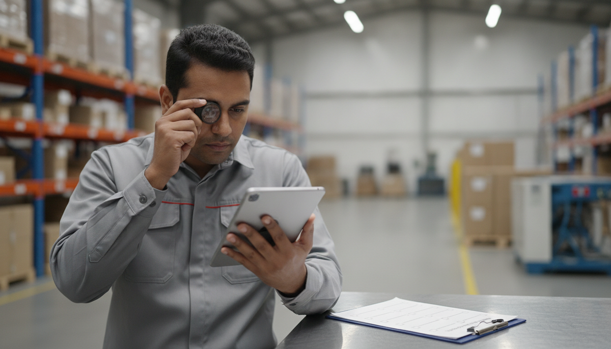 Worker inspecting a refurbished device with a loupe, representing condition-grading standards for Shopify merchants