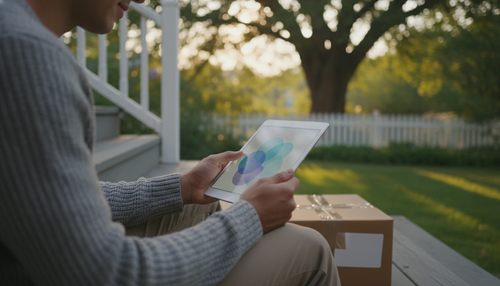 Customer using a tablet beside a delivered package, representing a self-service resolution portal for Shopify merchants