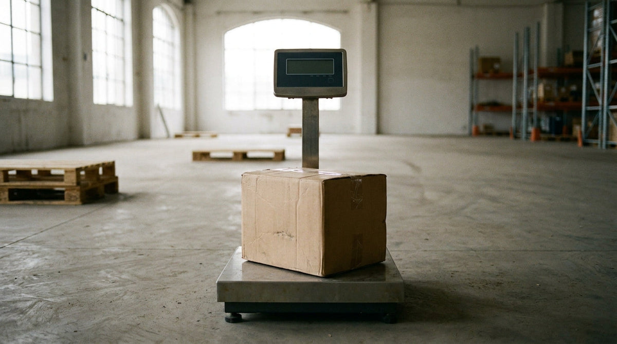 A single small parcel on a shipping scale in a quiet warehouse, representing why no-volume-commitment shipping rates matter most when volume drops.
