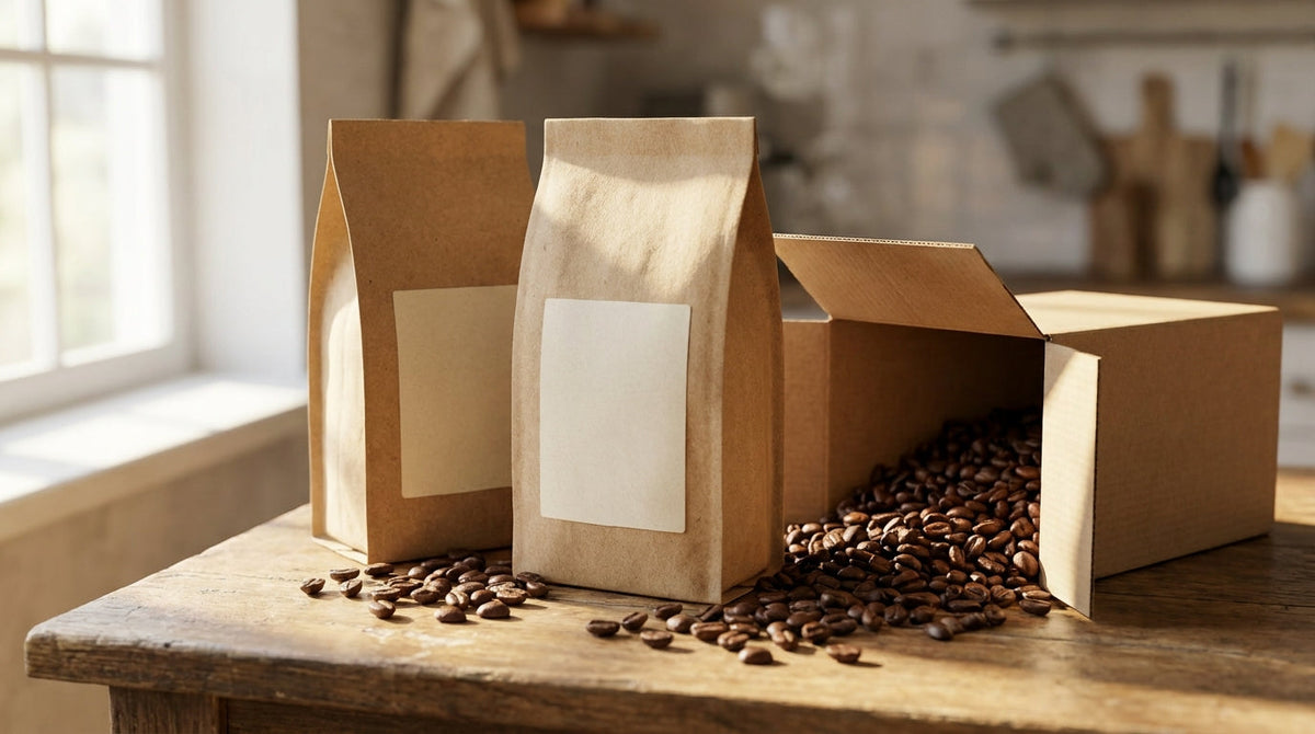 Kraft coffee bags and loose beans beside a shipping box on a counter, representing a roast-date SLA driving fulfillment, returns and rate strategy.