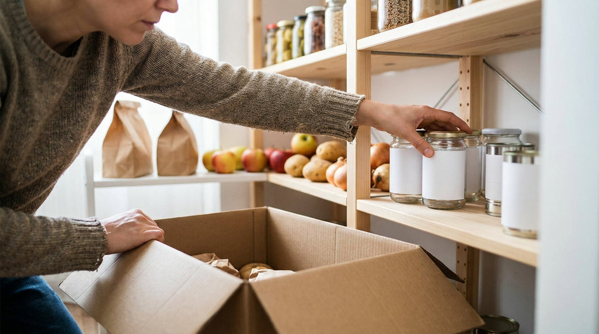 Grocery staples restocked in a pantry beside a delivery box, representing treating delivery speed as a replenishment lever for grocery and CPG brands.