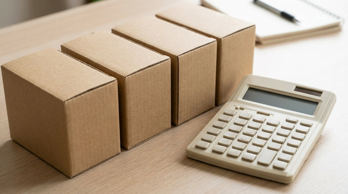 Four separate plain boxes lined up beside a calculator, representing the hidden math of paying four separate post-purchase vendors.