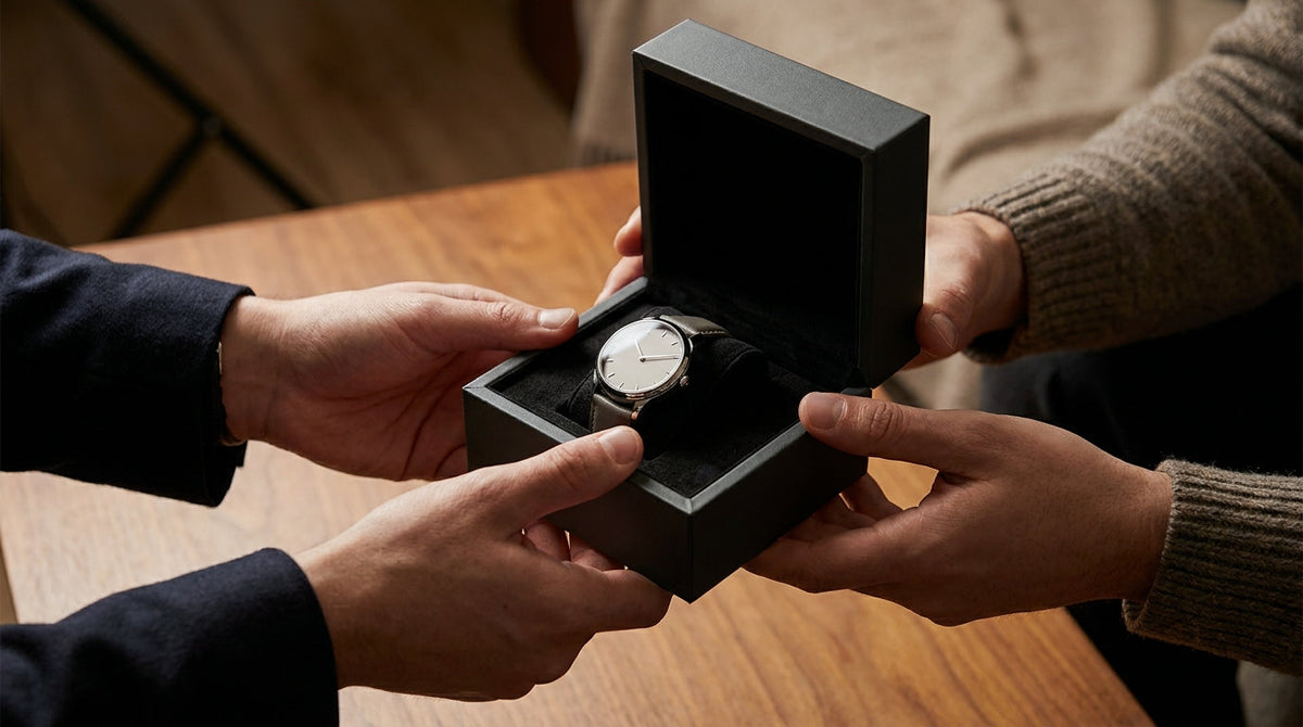 A luxury wristwatch in a small secure parcel being handed off quickly, representing same-day shipping as a theft deterrent for watch and fine goods brands.