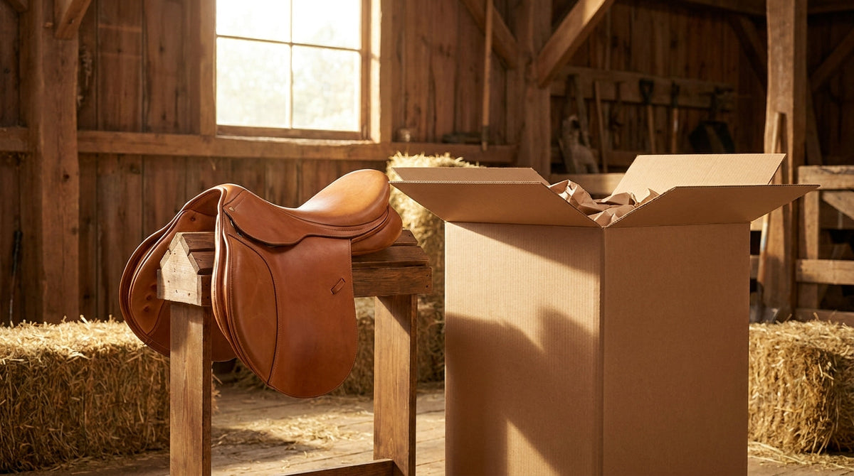 A premium leather saddle ready to ship beside a large box in a bright barn, representing fast fulfillment so a high-value saddle doesn't sit in a warehouse queue.