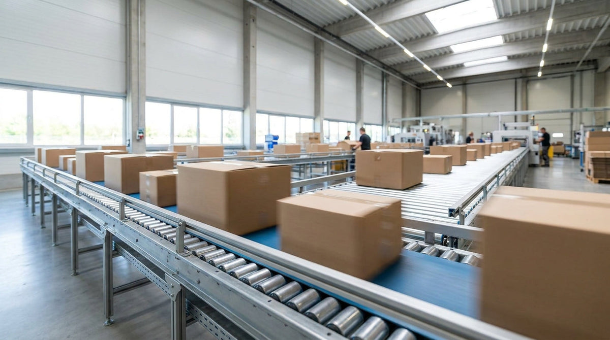 Boxes moving quickly through a bright fulfillment center, representing a 48-hour fulfillment SLA as a stronger strategy than a shipping guarantee alone.