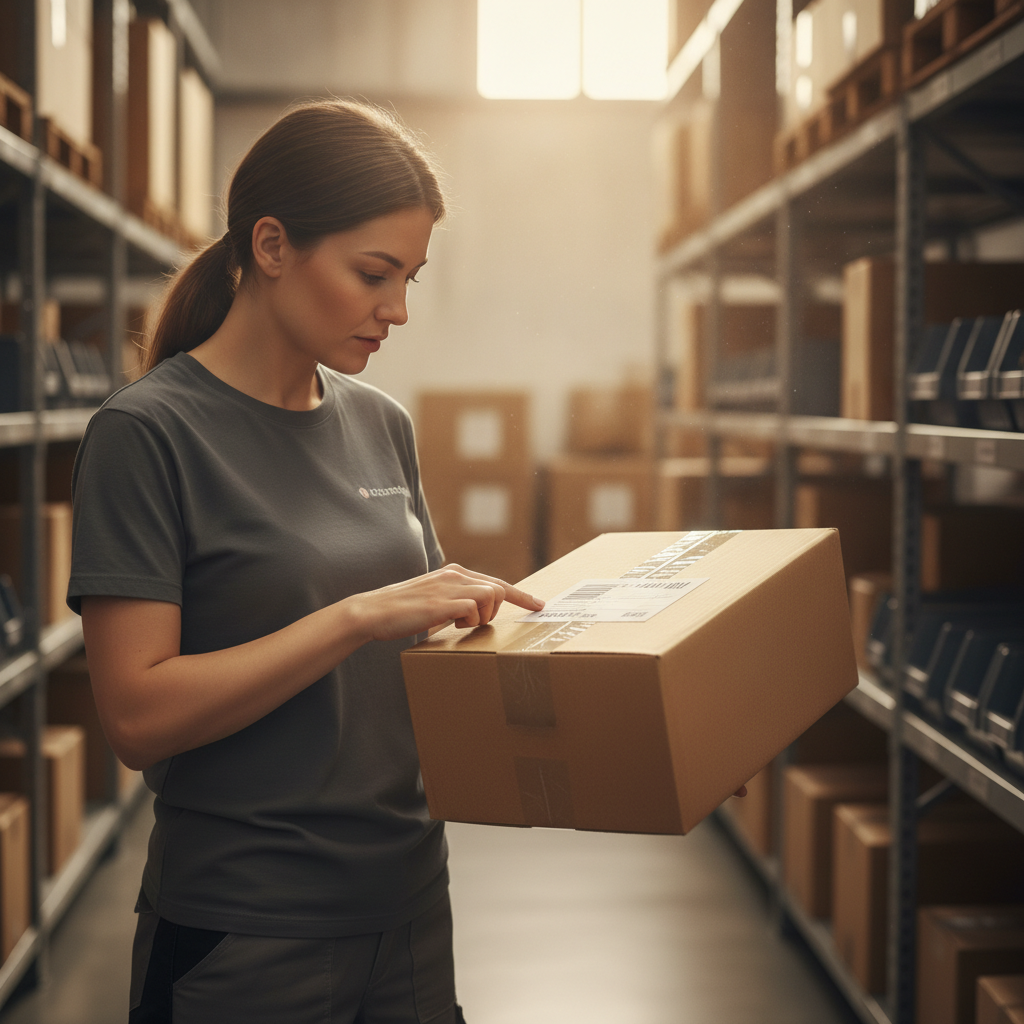 Ecommerce warehouse worker inspecting a package label before reshipping a customer's order