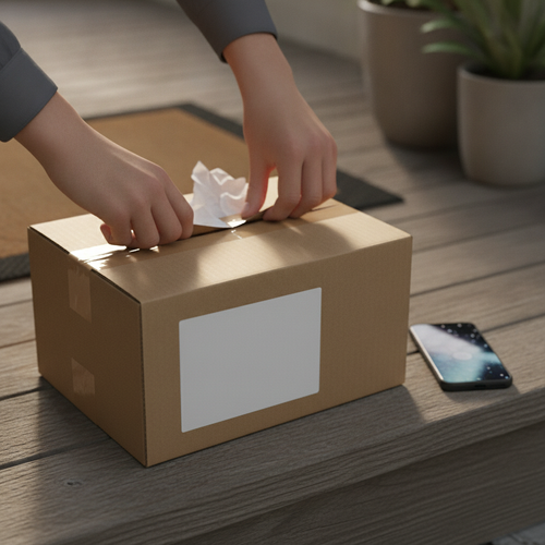 Customer unboxing a home delivery package with a phone resting nearby, representing a self-service shipping resolution experience.