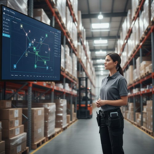 Warehouse worker viewing a self-service order tracking dashboard, representing self-service resolution portals for Shopify merchants