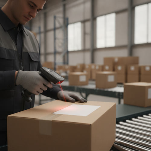 Warehouse worker scanning a package label to verify a shipment during order fulfillment.