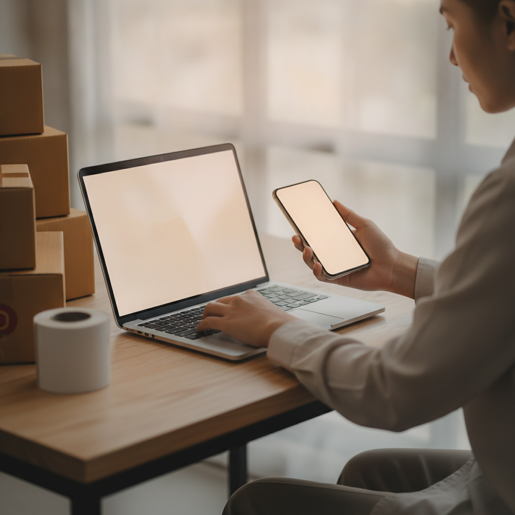 Ecommerce operator resolving a shipping issue through a self-service order tracking screen, representing self-service resolution portals for Shopify merchants