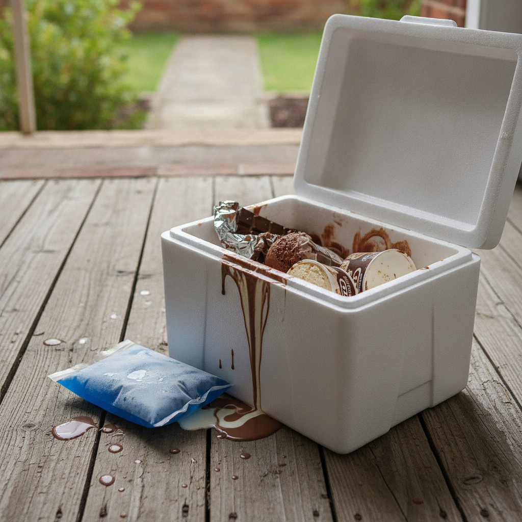 Melted chocolate and ice cream next to an open insulated shipping cooler on a doorstep, showing temperature damage from transit.